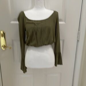 LA Hearts Olive Green Rayon Ruched Crop Top with Flounce Sleeves. Small